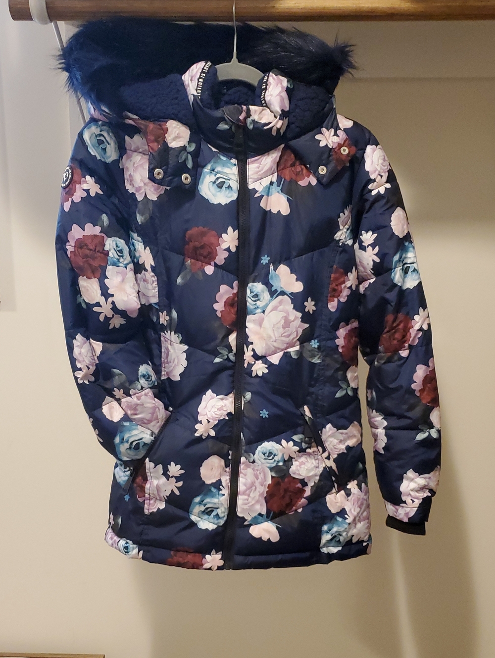 Justice Navy Floral Quilted Puffer Jacket with Hood Sz 14 / Womens Small